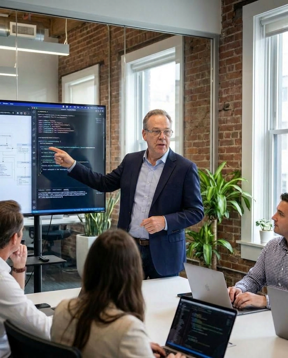Chris Thompson presenting an AI and business systems strategy to a team